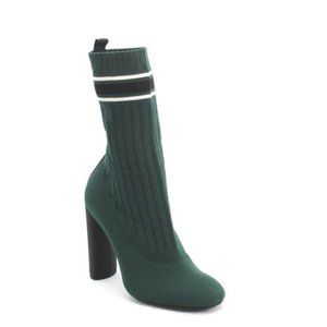 ITALIAN Green Stretch-knit Sock Mid-Calf Heel Boot